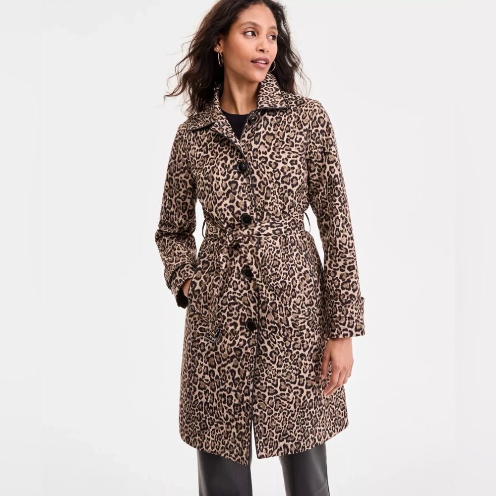 Michael Kors Water Resistant Single-Breasted Leopard print Belted trench